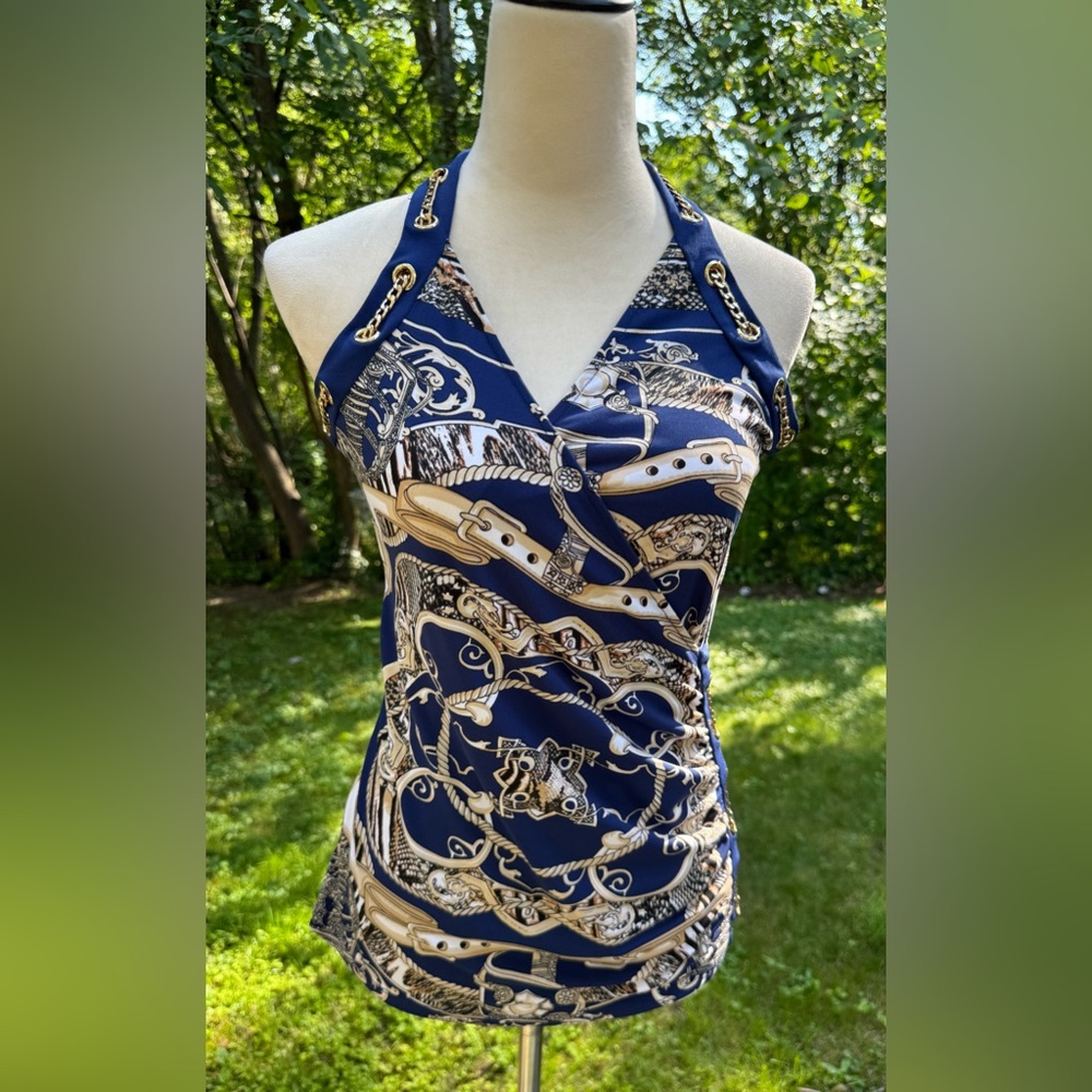 Cache Vintage Nautical Sleeveless Navy & Gold with Gold Chain Trim Top Size S